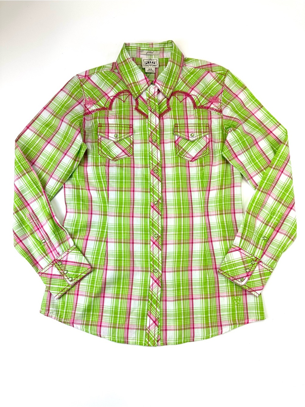 Ariat NWT Womens M Green Pink Plaid Western Pearl Snap Rodeo Shirt Metallic